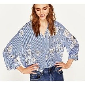 Zara Womens sz XS Top Blue White Striped Floral 1/2 Button Front Collared